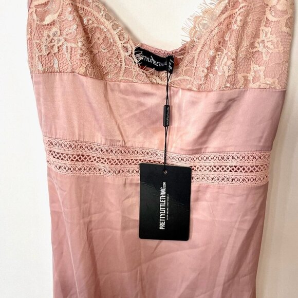 PRETTYLITTLETHING Asymmetric Hem Midi Dress 4 Pink Lace Detail Sleeveless NEW - Picture 2 of 14